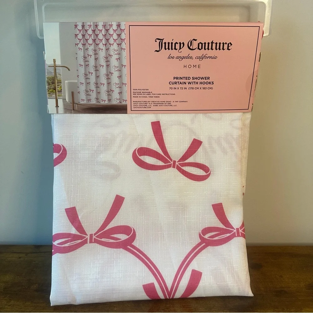 New Juicy Couture 70x72 Fabric Shower Curtain Hooks Set Pink White Bows Logo